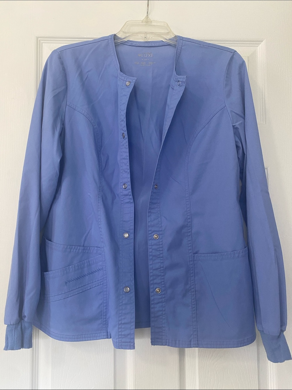 Luxe Periwinkle Blue Snap-Front Utility Scrub Jacket